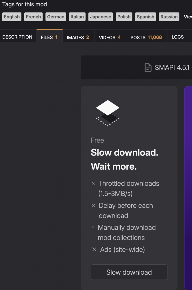 location of Slow Download button on nexusmods.com