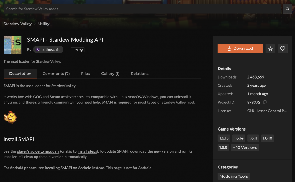 location of Download button on curseforge.com