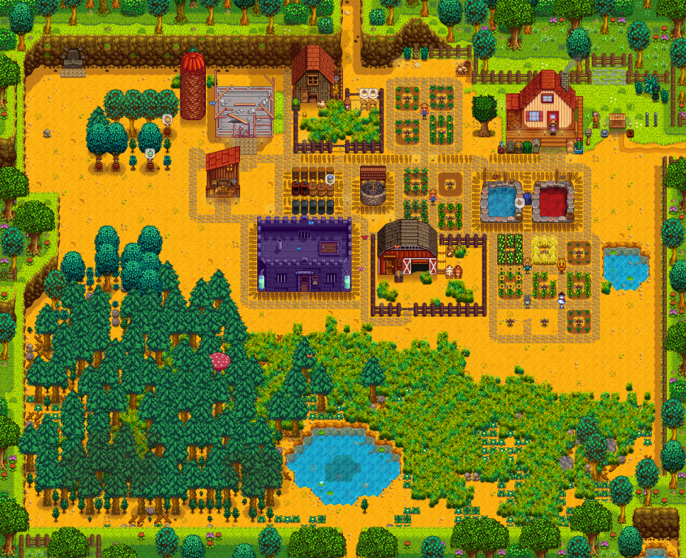 Final farm layout, summer and fall  Stardew valley, Stardew valley farms,  Farm layout