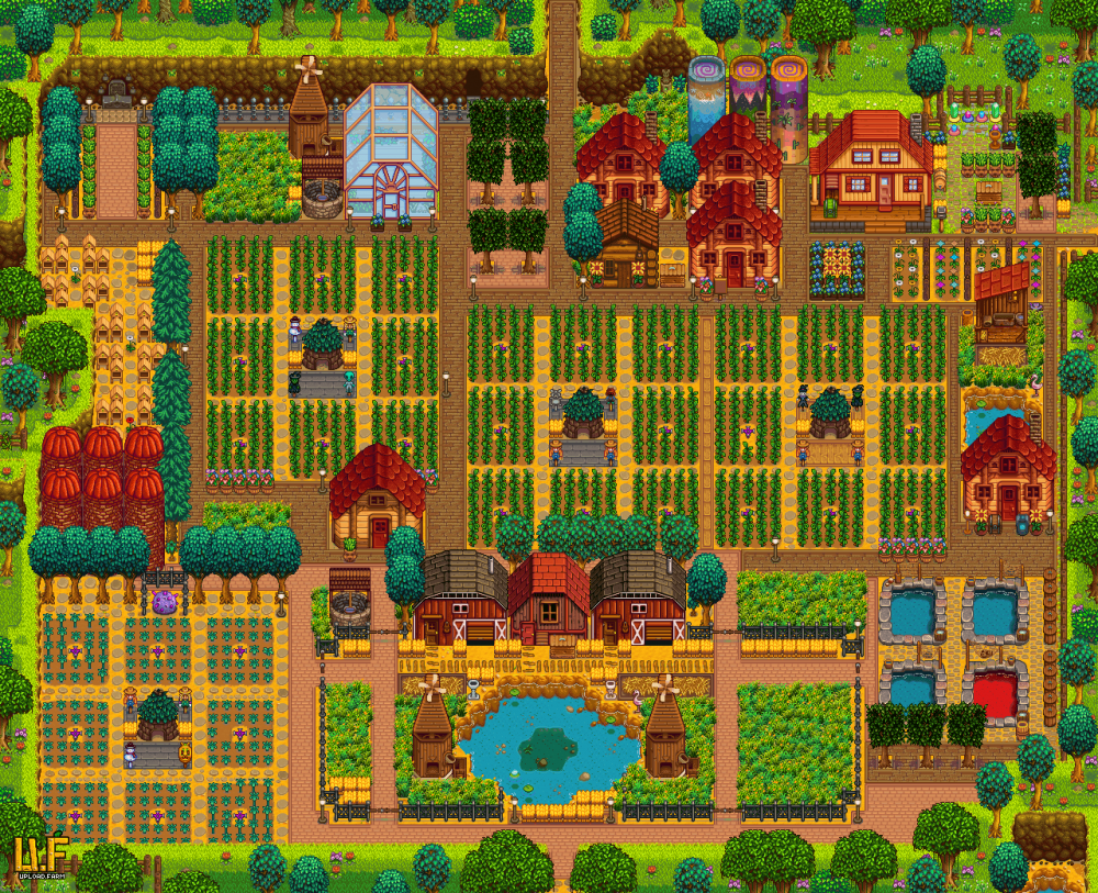 Final farm layout, summer and fall  Stardew valley, Stardew valley farms,  Farm layout